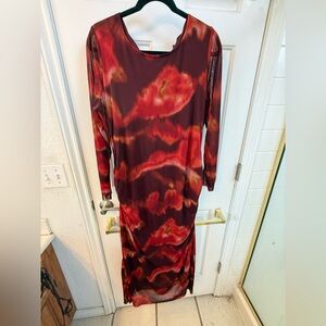 Colleen Lopez Long Sleeve Burgundy and Red Abstract Maxi Dress